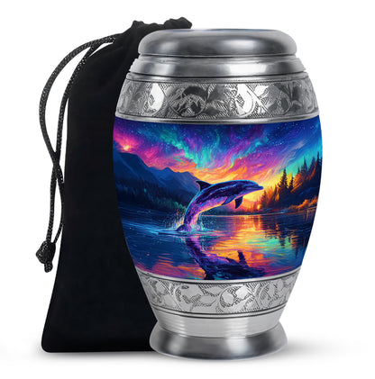 Navy Blue Dolphin Cremation Urn back view with polished surface - regal dolphin design with crown-inspired accents - full-size 10 inch 200 cubic inch adult cremation urn