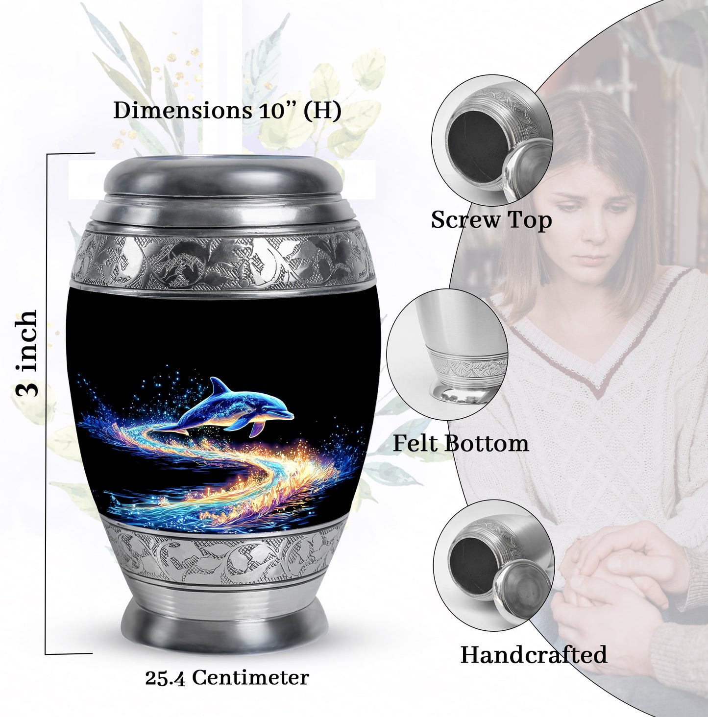 Rich Black Dolphin Cremation Urn lifestyle display on memorial shelf - regal dolphin design with crown-inspired accents - mini keepsake memorial for portion of cremation ashes