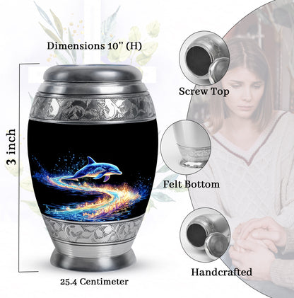 Rich Black Dolphin Cremation Urn lifestyle display on memorial shelf - regal dolphin design with crown-inspired accents - mini keepsake memorial for portion of cremation ashes