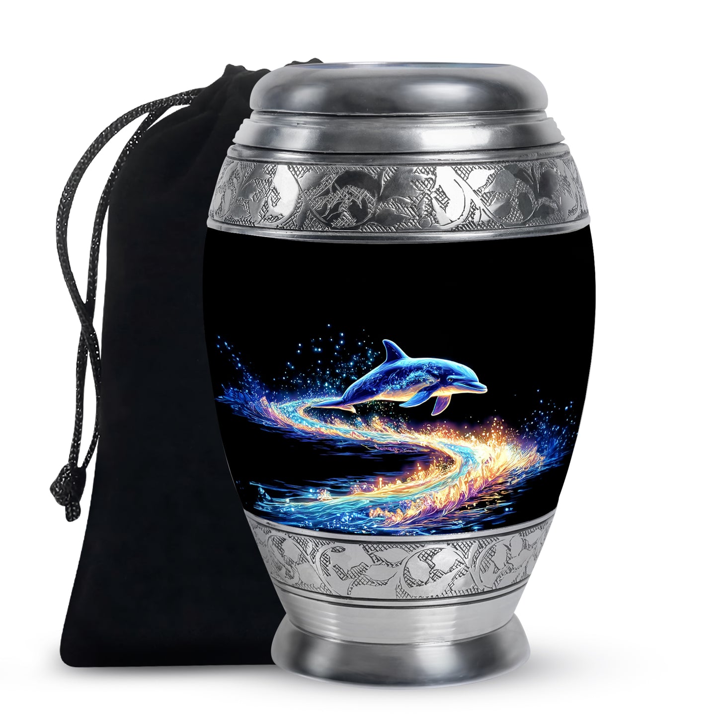 Onyx Black Dolphin Cremation Urn back view with polished surface - majestic dolphin pattern with filigree border - full-size 10 inch 200 cubic inch adult cremation urn