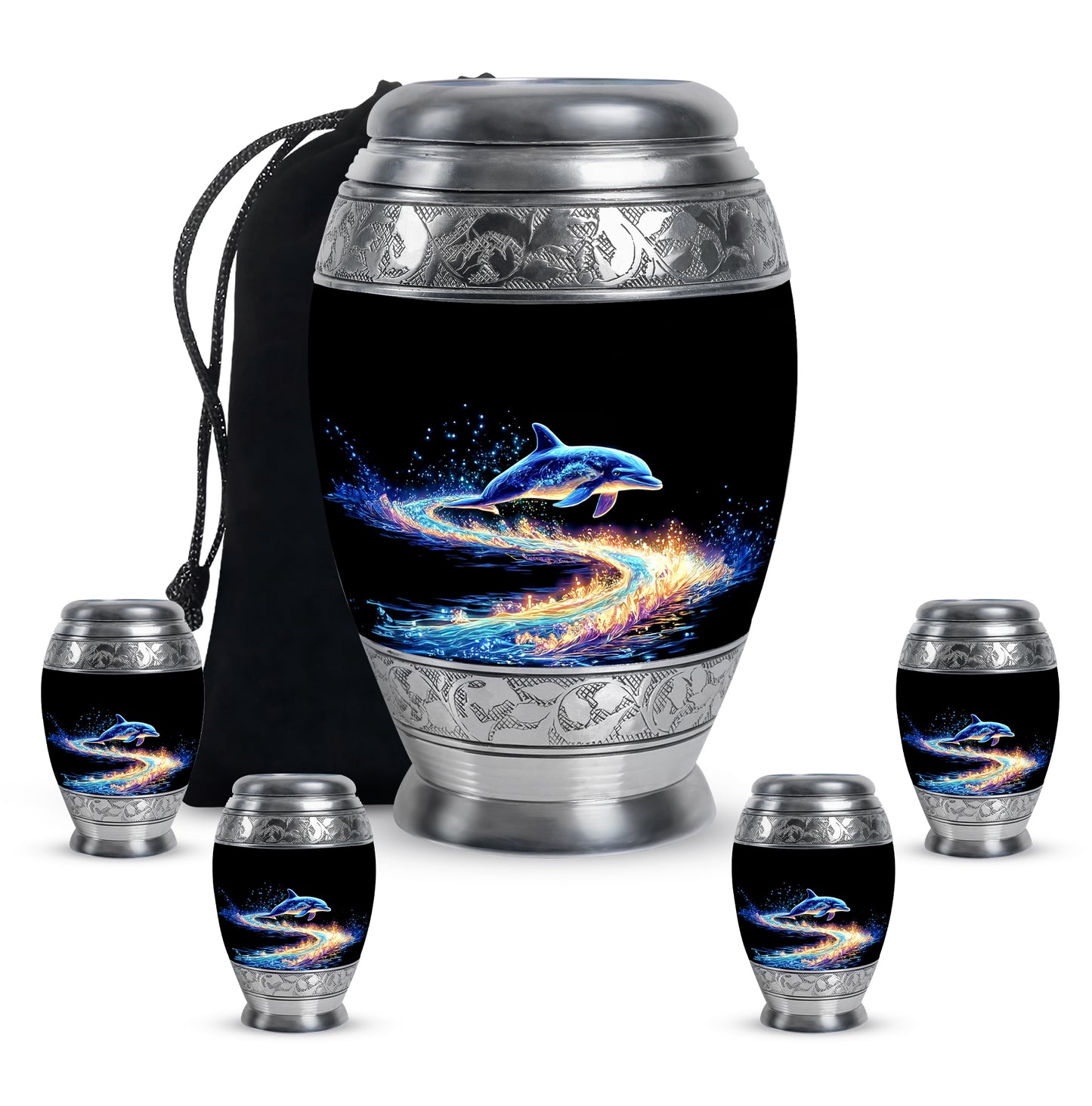 Jet Black Dolphin Cremation Urn detail view - regal dolphin design with crown-inspired accents - memorial set with one large and four small urns