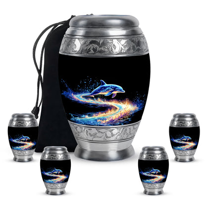 Jet Black Dolphin Cremation Urn detail view - regal dolphin design with crown-inspired accents - memorial set with one large and four small urns