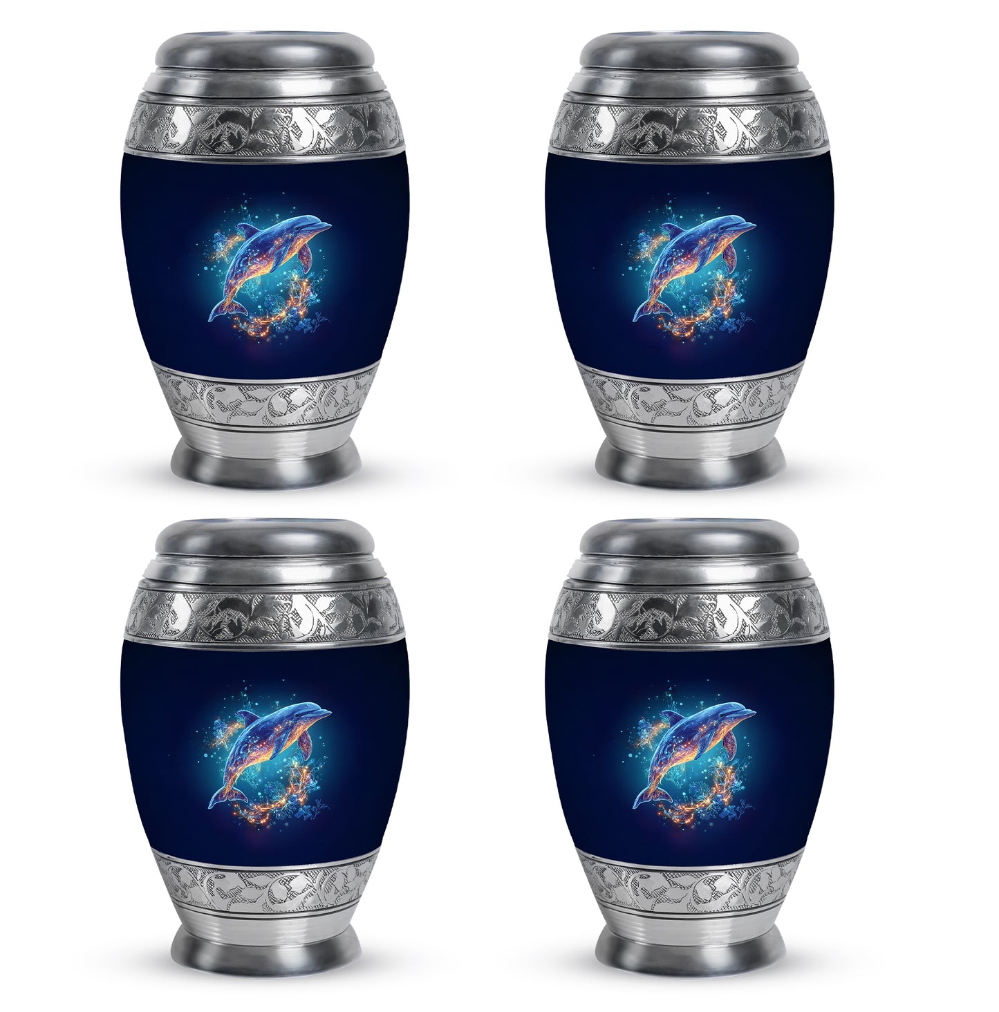 Cornflower Blue Dolphin Cremation Urn urn with complimentary velvet bag - royal dolphin engraving with decorative scrollwork - 10 inch aluminum urn for cremated remains