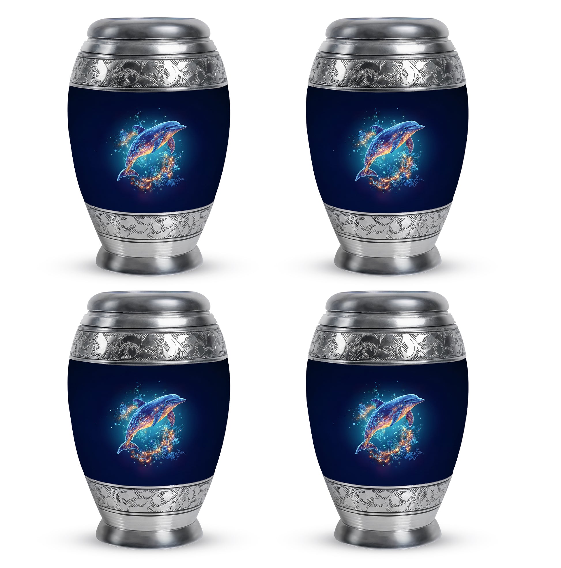 Cornflower Blue Dolphin Cremation Urn urn with complimentary velvet bag - royal dolphin engraving with decorative scrollwork - 10 inch aluminum urn for cremated remains