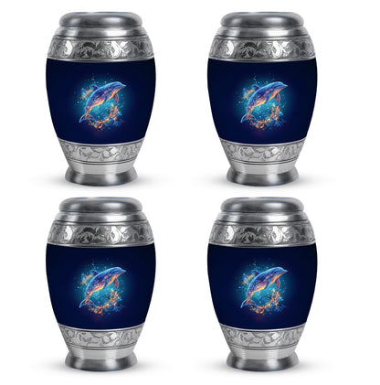 Cornflower Blue Dolphin Cremation Urn urn with complimentary velvet bag - royal dolphin engraving with decorative scrollwork - 10 inch aluminum urn for cremated remains