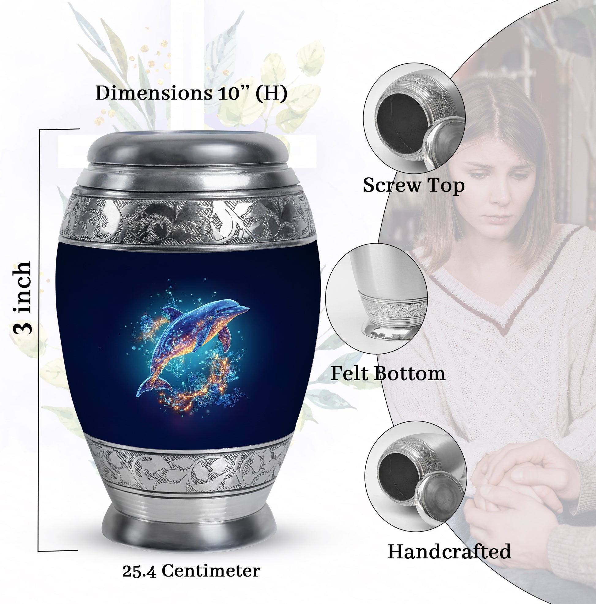 Sapphire Blue Dolphin Cremation Urn lifestyle display on memorial shelf - royal dolphin engraving with decorative scrollwork - mini keepsake memorial for portion of cremation ashes