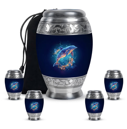 Serene Blue Dolphin Cremation Urn detail view - majestic dolphin pattern with filigree border - memorial set with one large and four small urns
