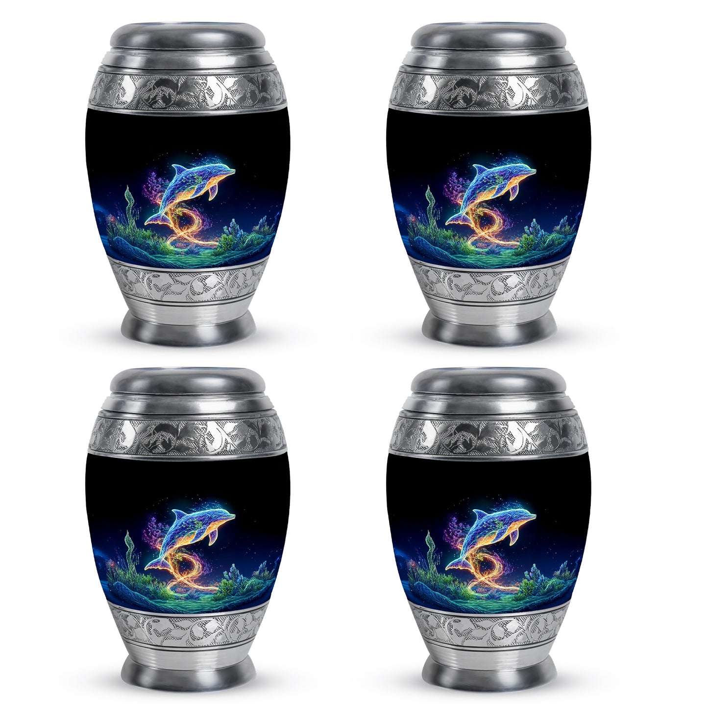 Charcoal Black Dolphin Cremation Urn urn with complimentary velvet bag - majestic dolphin pattern with filigree border - 10 inch aluminum urn for cremated remains
