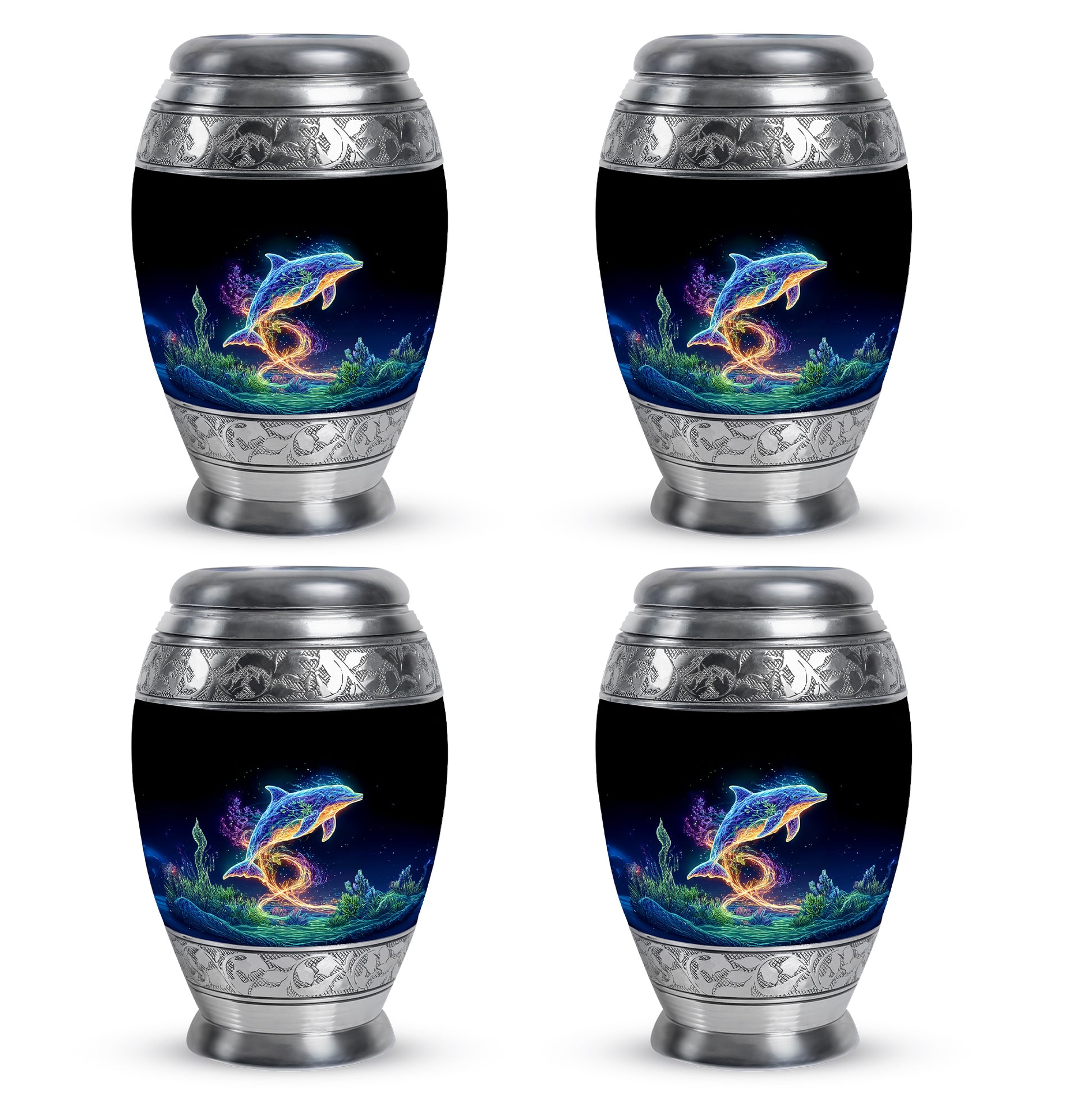 Charcoal Black Dolphin Cremation Urn urn with complimentary velvet bag - majestic dolphin pattern with filigree border - 10 inch aluminum urn for cremated remains