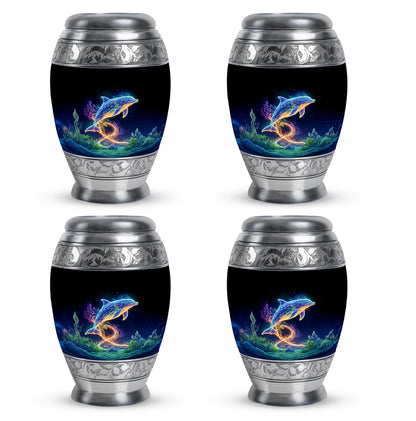 Charcoal Black Dolphin Cremation Urn urn with complimentary velvet bag - majestic dolphin pattern with filigree border - 10 inch aluminum urn for cremated remains