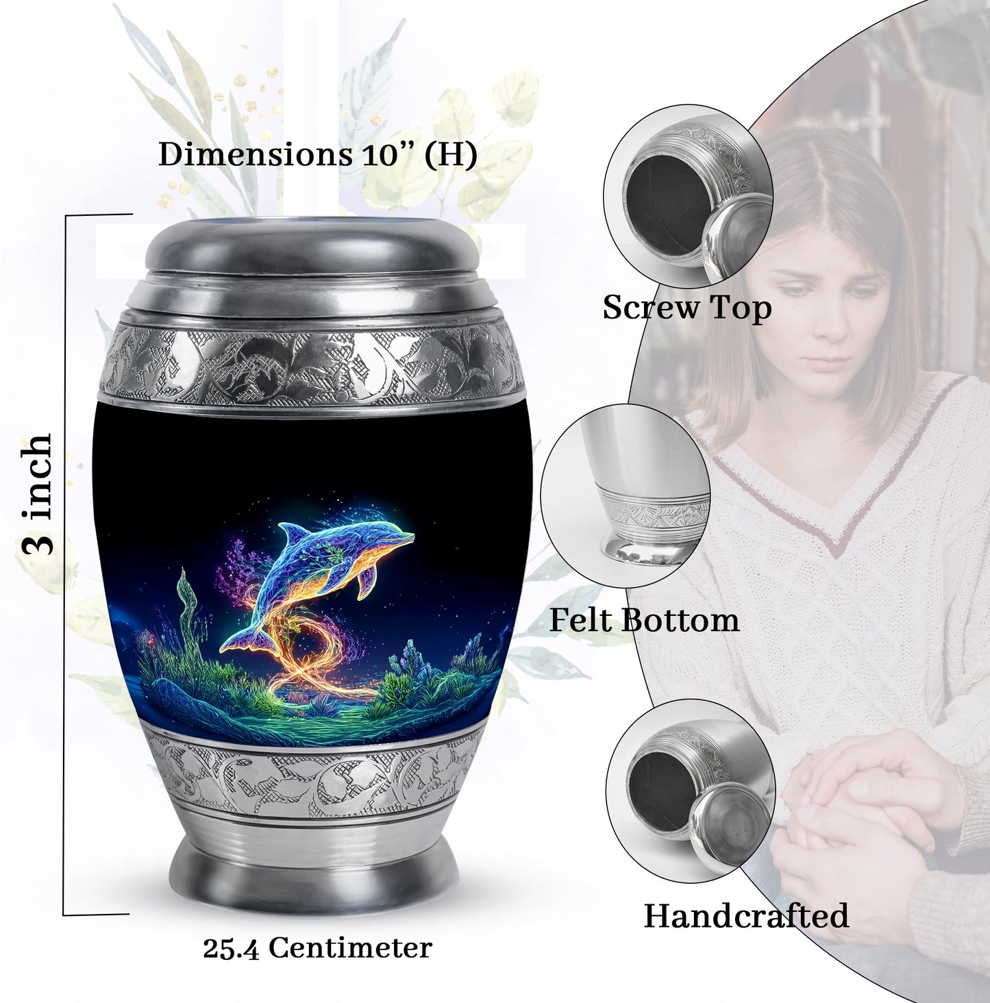 Ebony Dolphin Cremation Urn lifestyle display on memorial shelf - ornate monarch-style dolphin relief on brushed aluminum - mini keepsake memorial for portion of cremation ashes