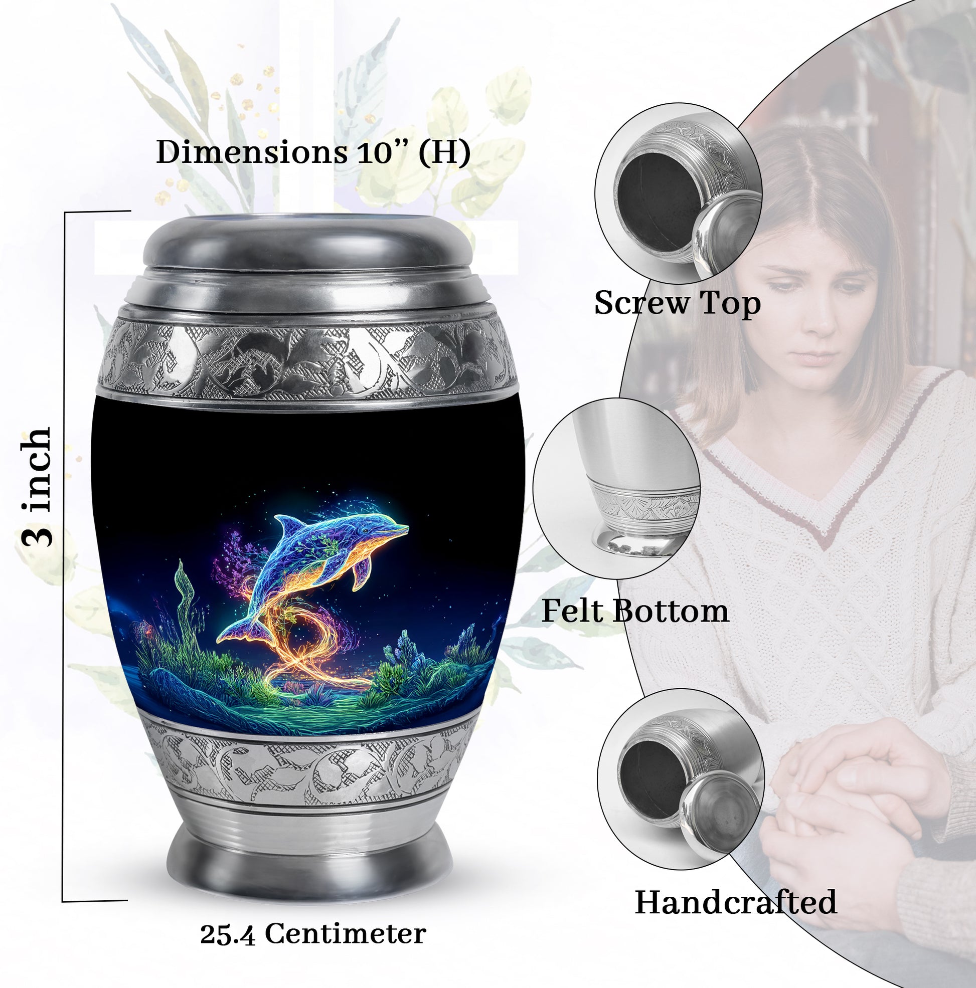 Ebony Dolphin Cremation Urn lifestyle display on memorial shelf - ornate monarch-style dolphin relief on brushed aluminum - mini keepsake memorial for portion of cremation ashes