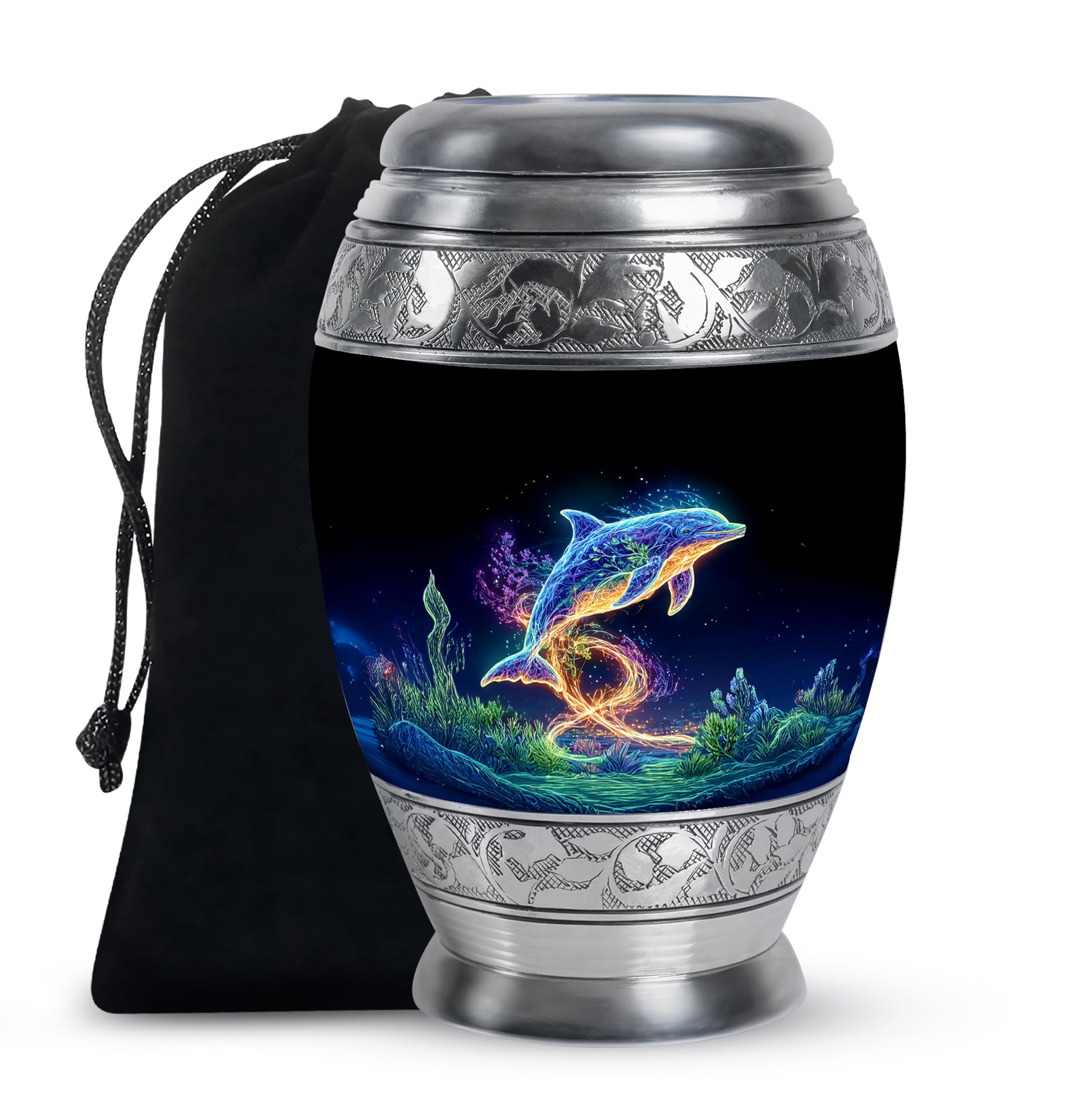 Glossy Black Dolphin Cremation Urn back view with polished surface - regal dolphin design with crown-inspired accents - full-size 10 inch 200 cubic inch adult cremation urn