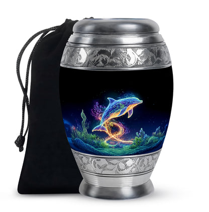 Glossy Black Dolphin Cremation Urn back view with polished surface - regal dolphin design with crown-inspired accents - full-size 10 inch 200 cubic inch adult cremation urn