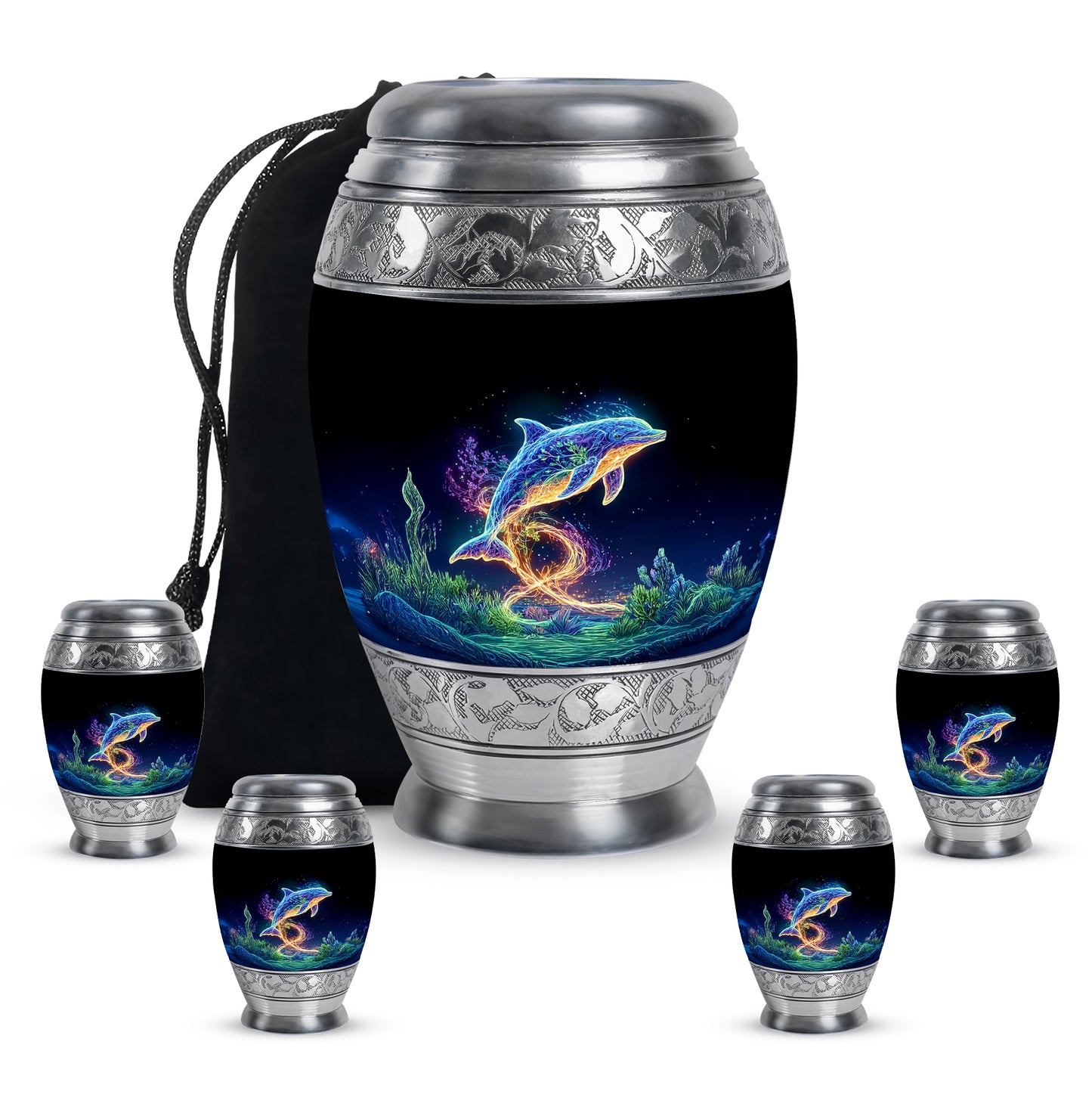 Deep Black Dolphin Cremation Urn detail view - ornate monarch-style dolphin relief on brushed aluminum - memorial set with one large and four small urns