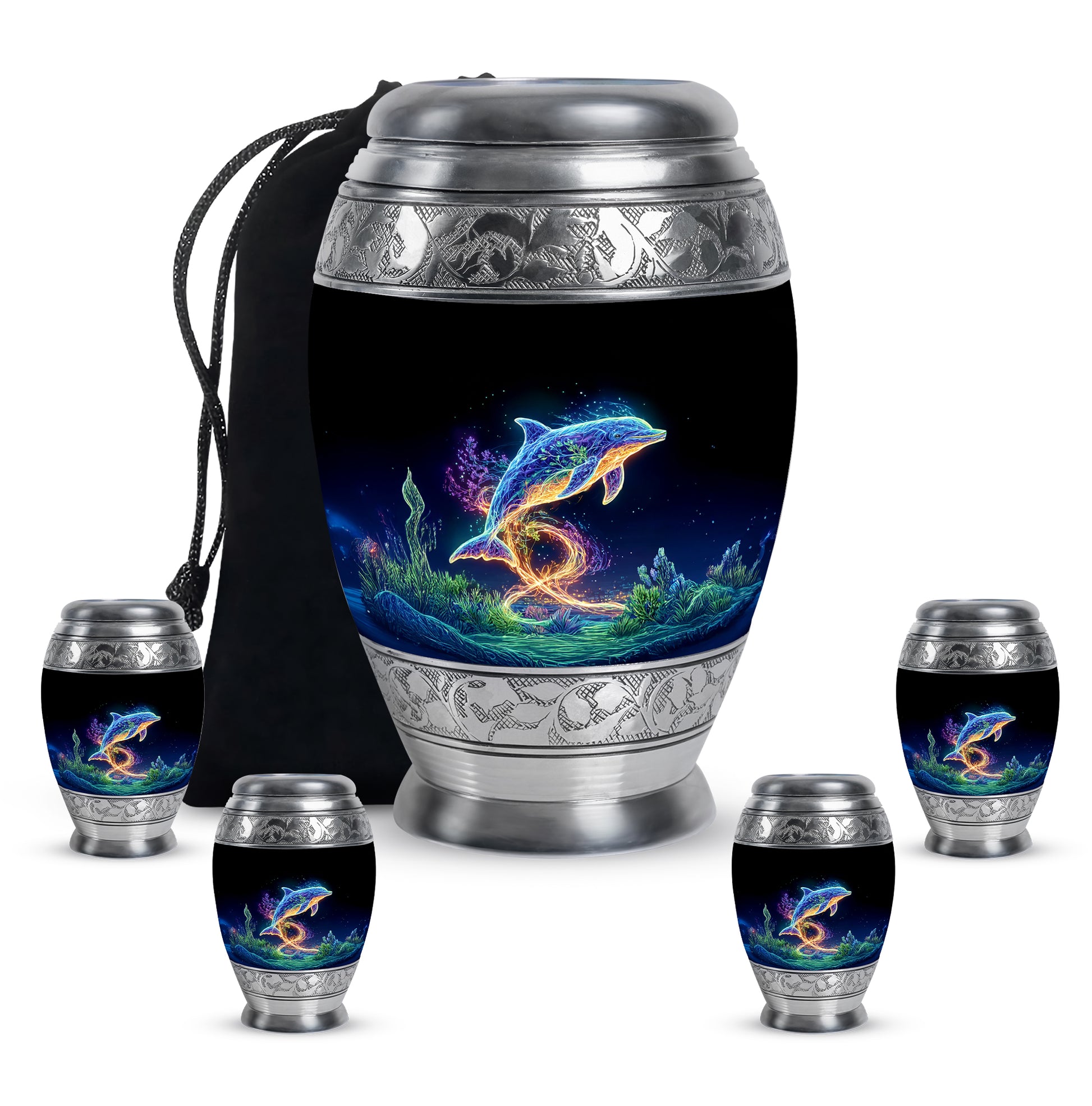 Deep Black Dolphin Cremation Urn detail view - ornate monarch-style dolphin relief on brushed aluminum - memorial set with one large and four small urns
