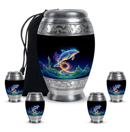 Deep Black Dolphin Cremation Urn detail view - ornate monarch-style dolphin relief on brushed aluminum - memorial set with one large and four small urns