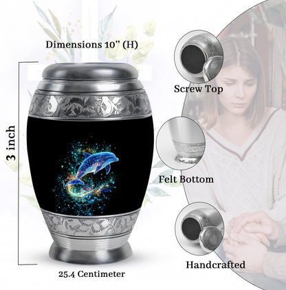 Deep Black Dolphin Cremation Urn lifestyle display on memorial shelf - ornate monarch-style dolphin relief on brushed aluminum - mini keepsake memorial for portion of cremation ashes