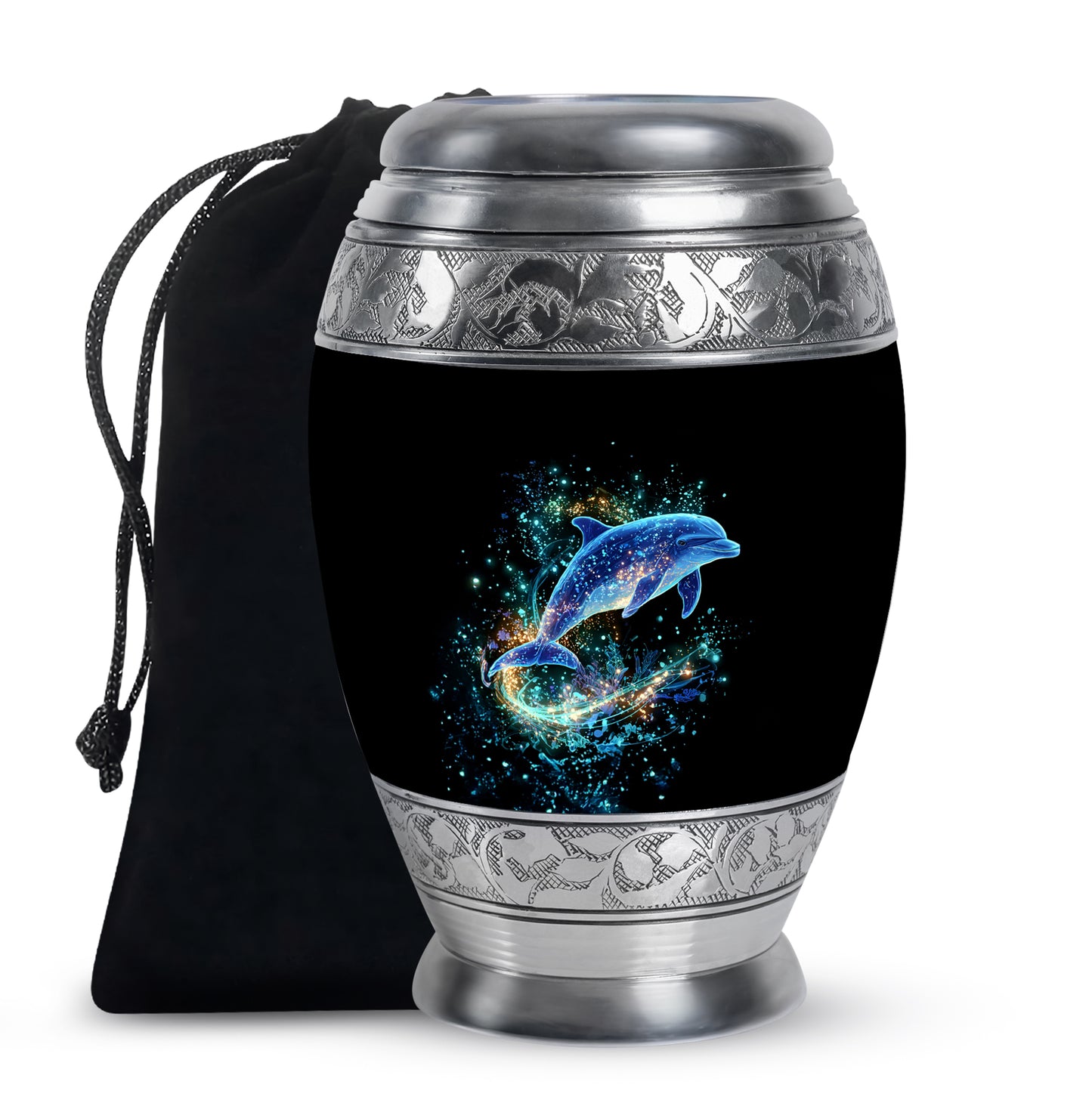 Jet Black Dolphin Cremation Urn back view with polished surface - regal dolphin design with crown-inspired accents - full-size 10 inch 200 cubic inch adult cremation urn