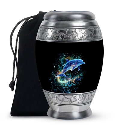 Jet Black Dolphin Cremation Urn back view with polished surface - regal dolphin design with crown-inspired accents - full-size 10 inch 200 cubic inch adult cremation urn