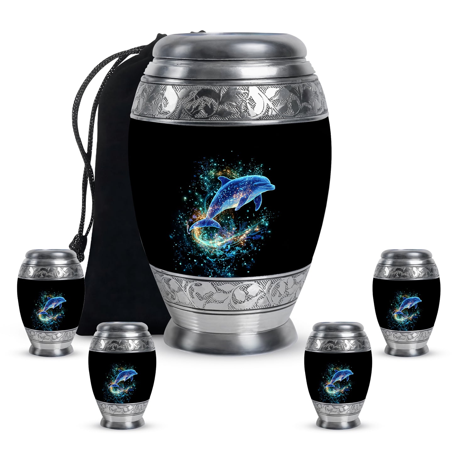 Jet Black Dolphin Cremation Urn detail view - regal dolphin design with crown-inspired accents - memorial set with one large and four small urns