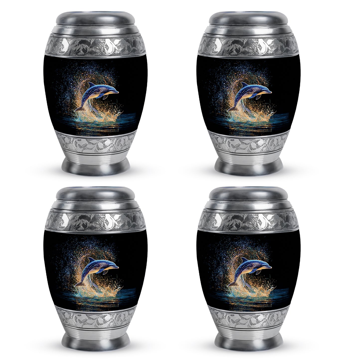 Ebony Dolphin Cremation Urn urn with complimentary velvet bag - ornate monarch-style dolphin relief on brushed aluminum - 10 inch aluminum urn for cremated remains