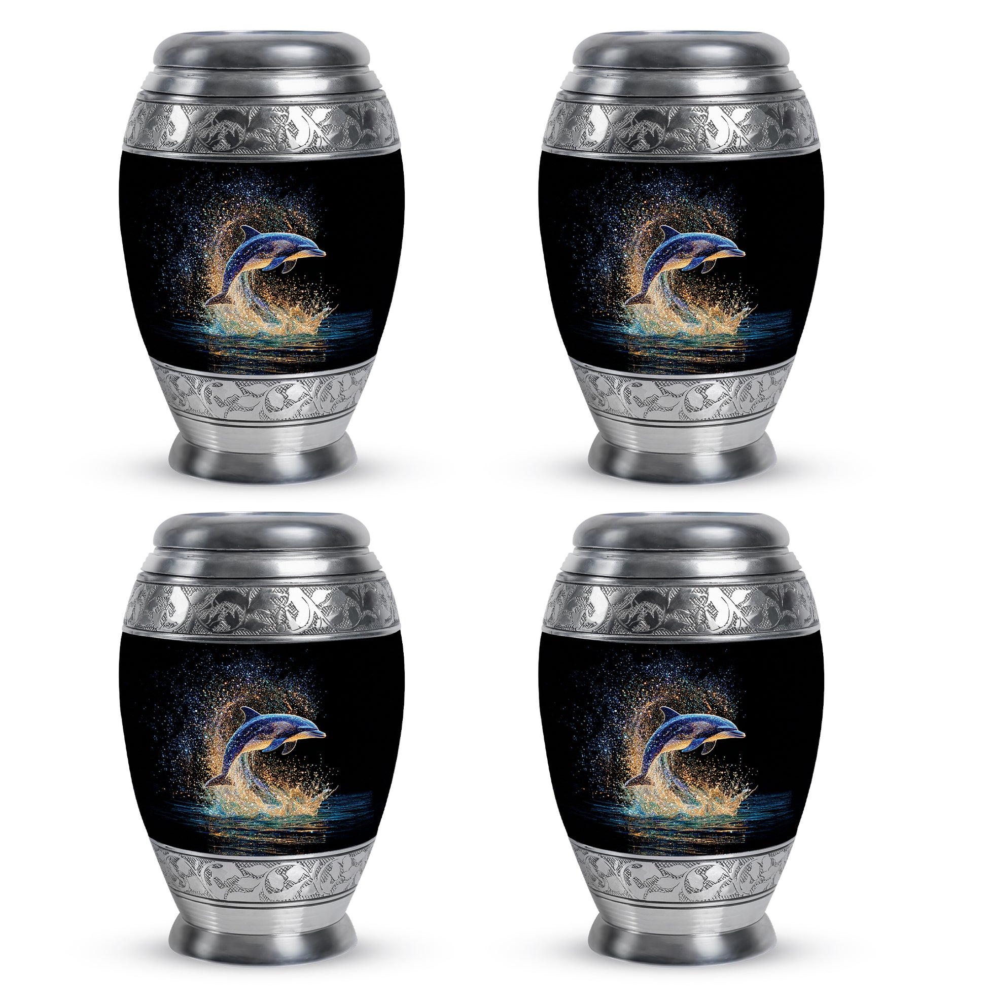 Ebony Dolphin Cremation Urn urn with complimentary velvet bag - ornate monarch-style dolphin relief on brushed aluminum - 10 inch aluminum urn for cremated remains