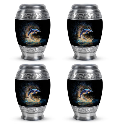 Ebony Dolphin Cremation Urn urn with complimentary velvet bag - ornate monarch-style dolphin relief on brushed aluminum - 10 inch aluminum urn for cremated remains