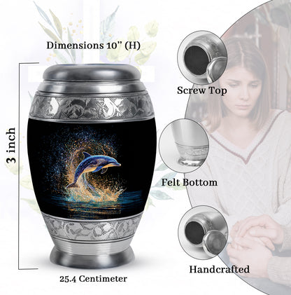 Midnight Black Dolphin Cremation Urn lifestyle display on memorial shelf - majestic dolphin pattern with filigree border - mini keepsake memorial for portion of cremation ashes