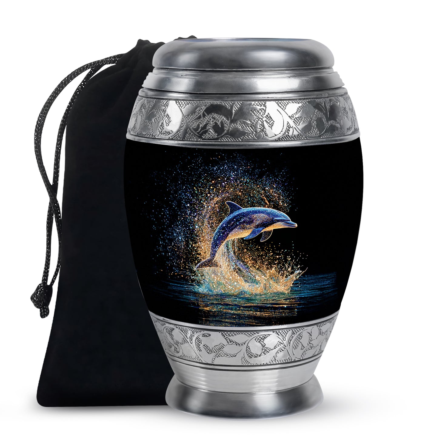 Jet Black Dolphin Cremation Urn back view with polished surface - ornate monarch-style dolphin relief on brushed aluminum - full-size 10 inch 200 cubic inch adult cremation urn