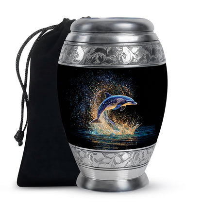Jet Black Dolphin Cremation Urn back view with polished surface - ornate monarch-style dolphin relief on brushed aluminum - full-size 10 inch 200 cubic inch adult cremation urn