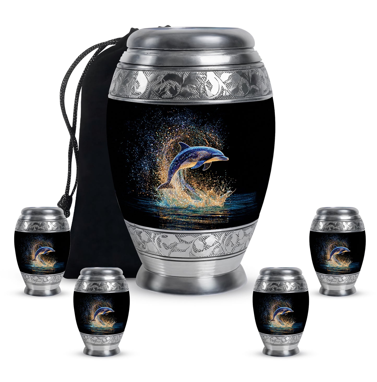 Midnight Black Dolphin Cremation Urn detail view - majestic dolphin pattern with filigree border - memorial set with one large and four small urns