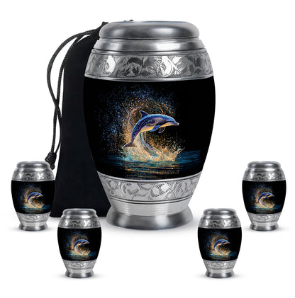 Midnight Black Dolphin Cremation Urn detail view - majestic dolphin pattern with filigree border - memorial set with one large and four small urns