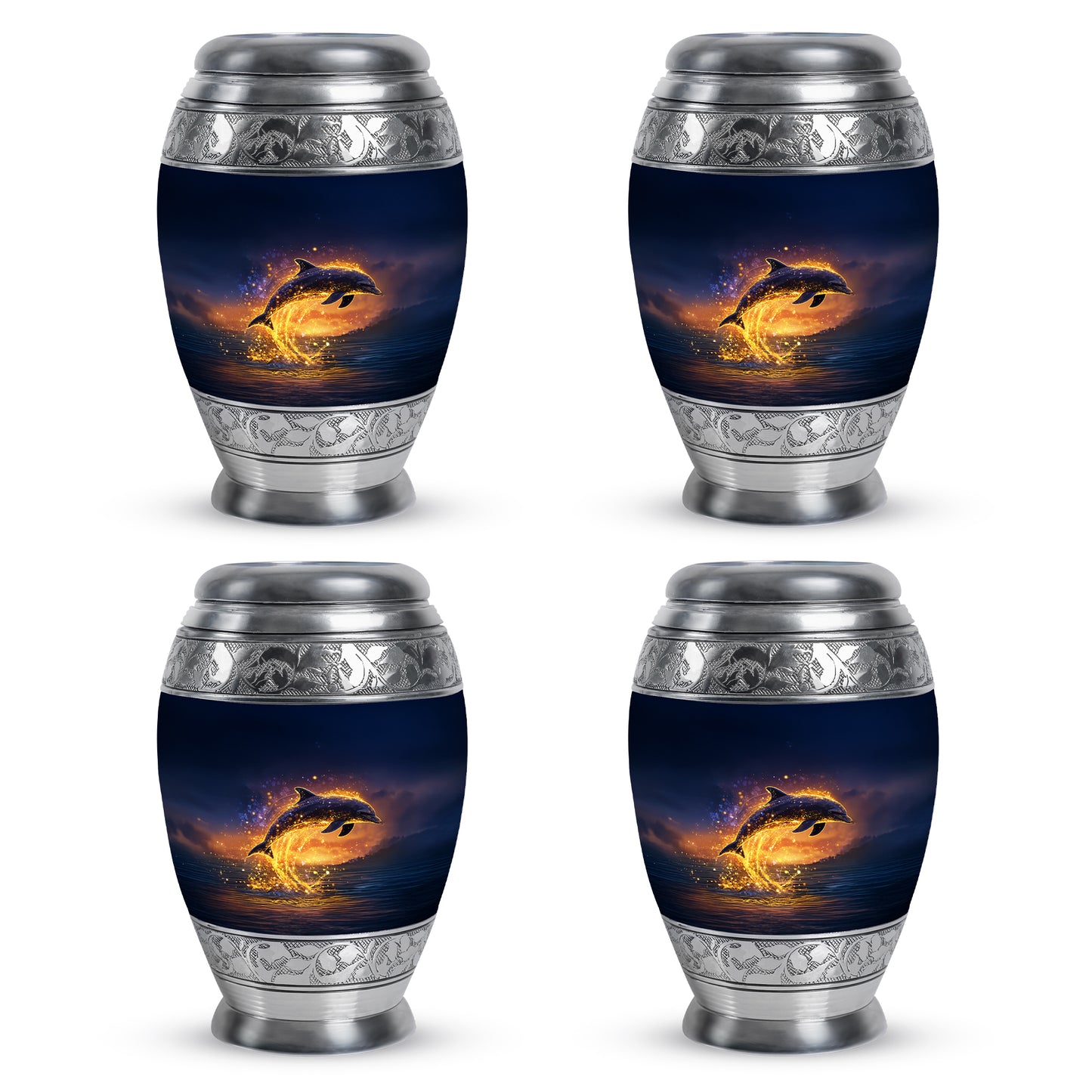 Indigo Dolphin Cremation Urn urn with complimentary velvet bag - ornate monarch-style dolphin relief on brushed aluminum - 10 inch aluminum urn for cremated remains