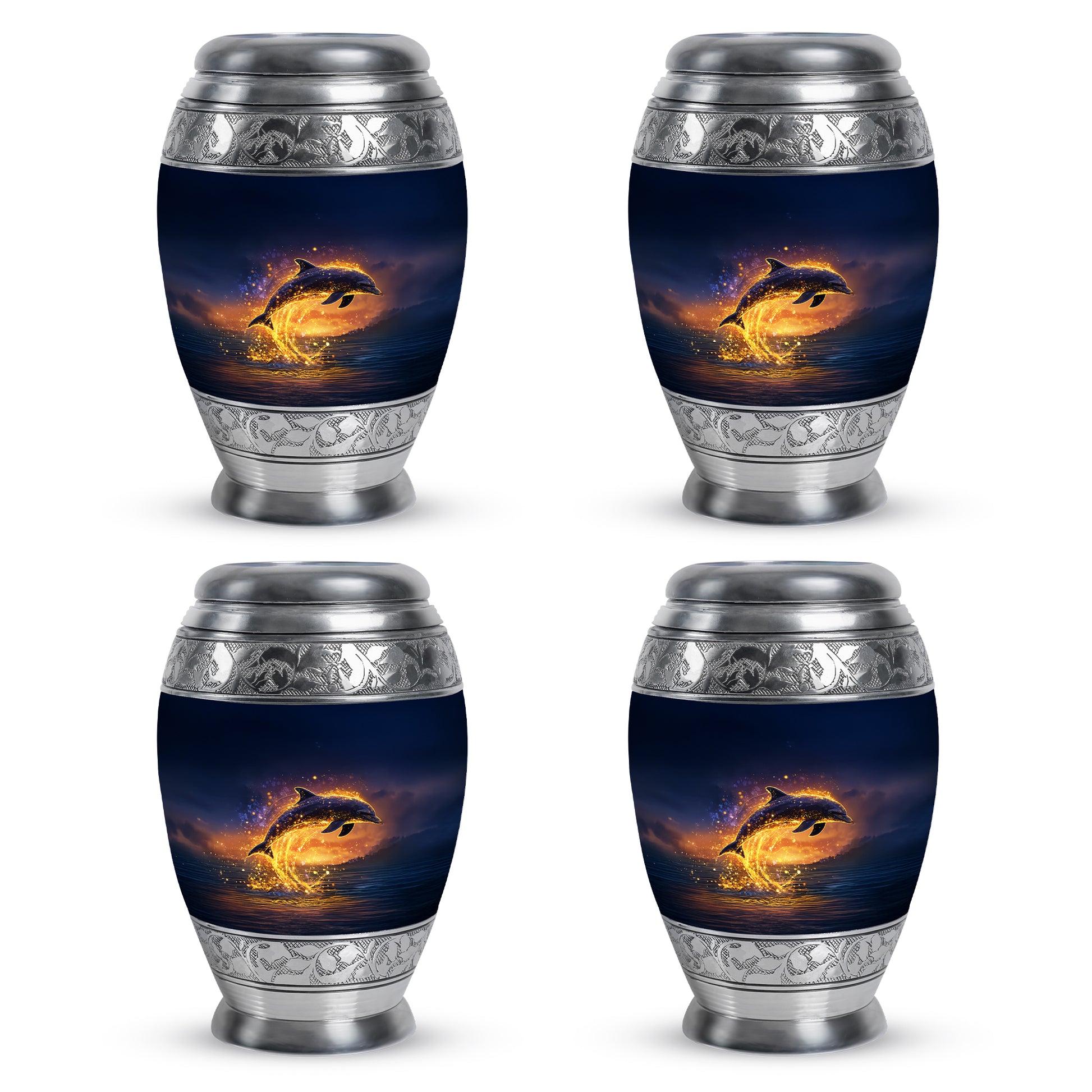 Indigo Dolphin Cremation Urn urn with complimentary velvet bag - ornate monarch-style dolphin relief on brushed aluminum - 10 inch aluminum urn for cremated remains