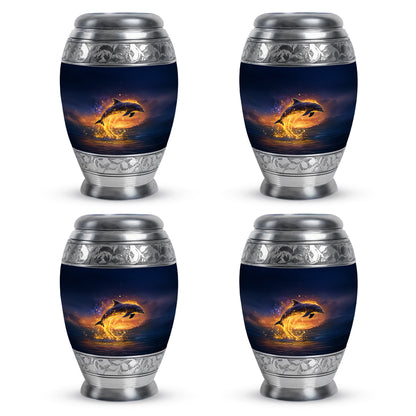 Indigo Dolphin Cremation Urn urn with complimentary velvet bag - ornate monarch-style dolphin relief on brushed aluminum - 10 inch aluminum urn for cremated remains