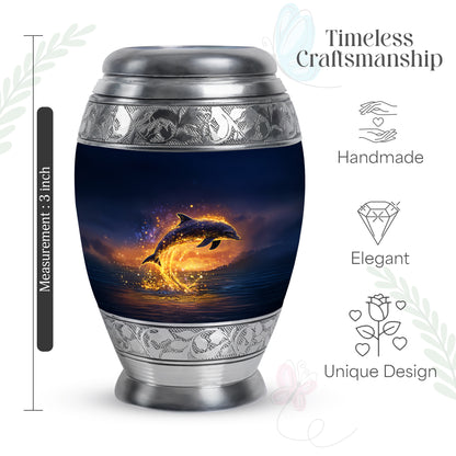 Pastel Blue Dolphin Cremation Urn lifestyle display on memorial shelf - regal dolphin design with crown-inspired accents - mini keepsake memorial for portion of cremation ashes