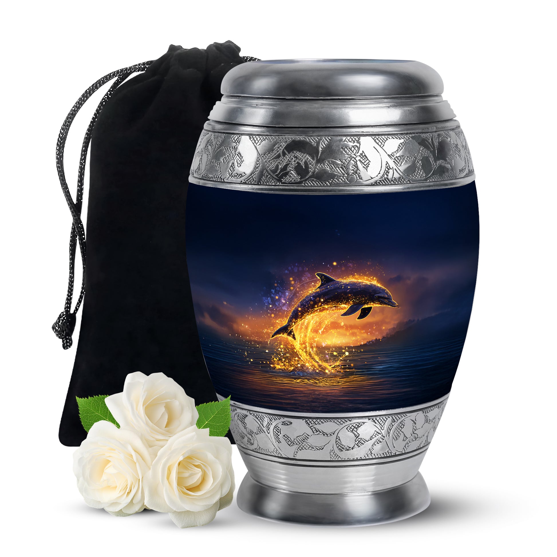 Cornflower Blue Dolphin Cremation Urn back view with polished surface - majestic dolphin pattern with filigree border - full-size 10 inch 200 cubic inch adult cremation urn