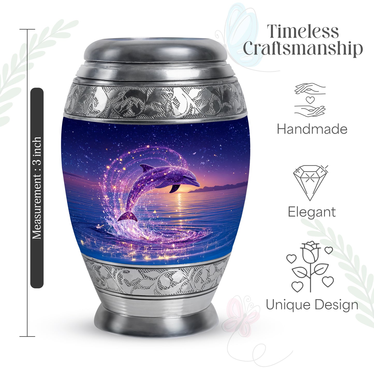 Indigo Dolphin Cremation Urn lifestyle display on memorial shelf - ornate monarch-style dolphin relief on brushed aluminum - mini keepsake memorial for portion of cremation ashes