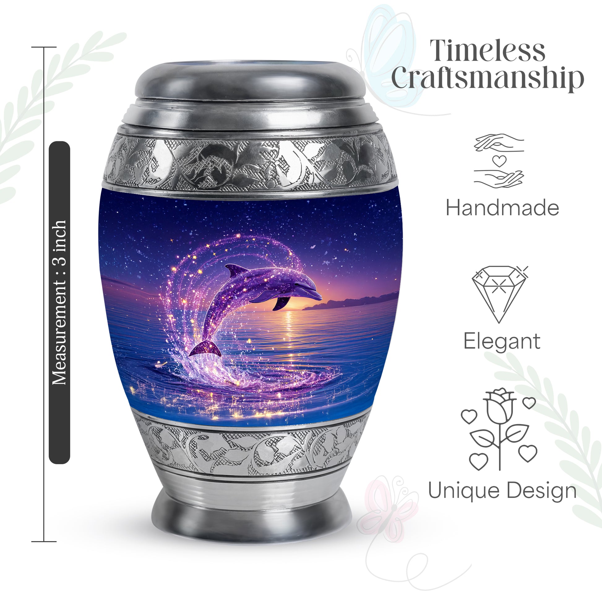 Indigo Dolphin Cremation Urn lifestyle display on memorial shelf - ornate monarch-style dolphin relief on brushed aluminum - mini keepsake memorial for portion of cremation ashes
