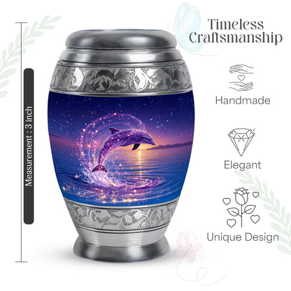 Indigo Dolphin Cremation Urn lifestyle display on memorial shelf - ornate monarch-style dolphin relief on brushed aluminum - mini keepsake memorial for portion of cremation ashes