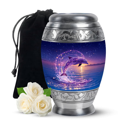 Sapphire Blue Dolphin Cremation Urn back view with polished surface - royal dolphin engraving with decorative scrollwork - full-size 10 inch 200 cubic inch adult cremation urn