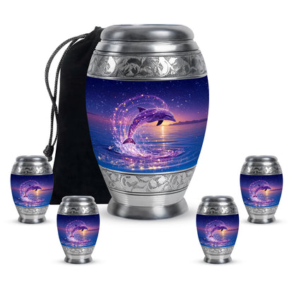 Twilight Blue Dolphin Cremation Urn detail view - royal dolphin engraving with decorative scrollwork - memorial set with one large and four small urns