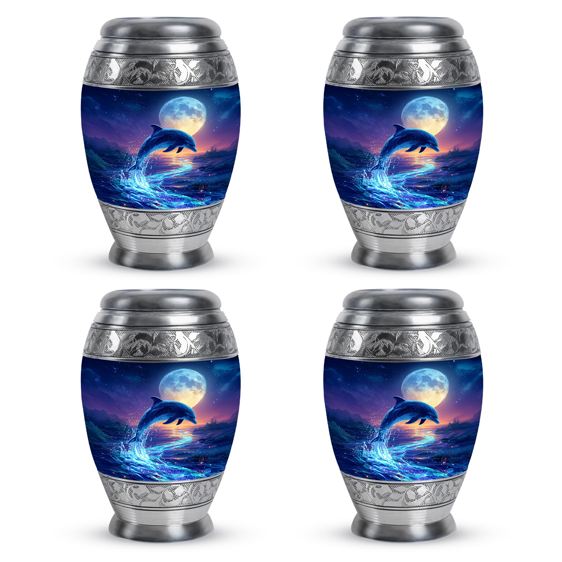 Celestial Blue Dolphin Cremation Urn urn with complimentary velvet bag - ornate monarch-style dolphin relief on brushed aluminum - 10 inch aluminum urn for cremated remains