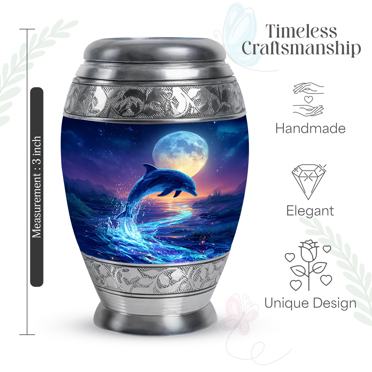 Sapphire Blue Dolphin Cremation Urn lifestyle display on memorial shelf - royal dolphin engraving with decorative scrollwork - mini keepsake memorial for portion of cremation ashes