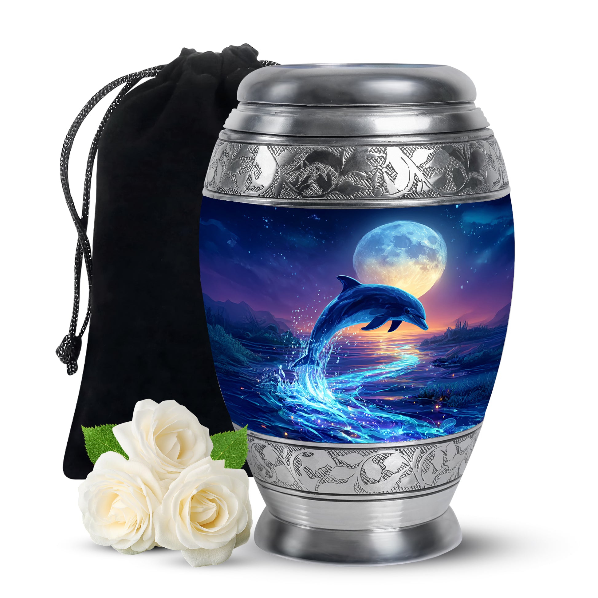 Bright Blue Dolphin Cremation Urn back view with polished surface - majestic dolphin pattern with filigree border - full-size 10 inch 200 cubic inch adult cremation urn