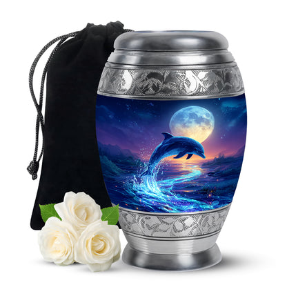 Bright Blue Dolphin Cremation Urn back view with polished surface - majestic dolphin pattern with filigree border - full-size 10 inch 200 cubic inch adult cremation urn