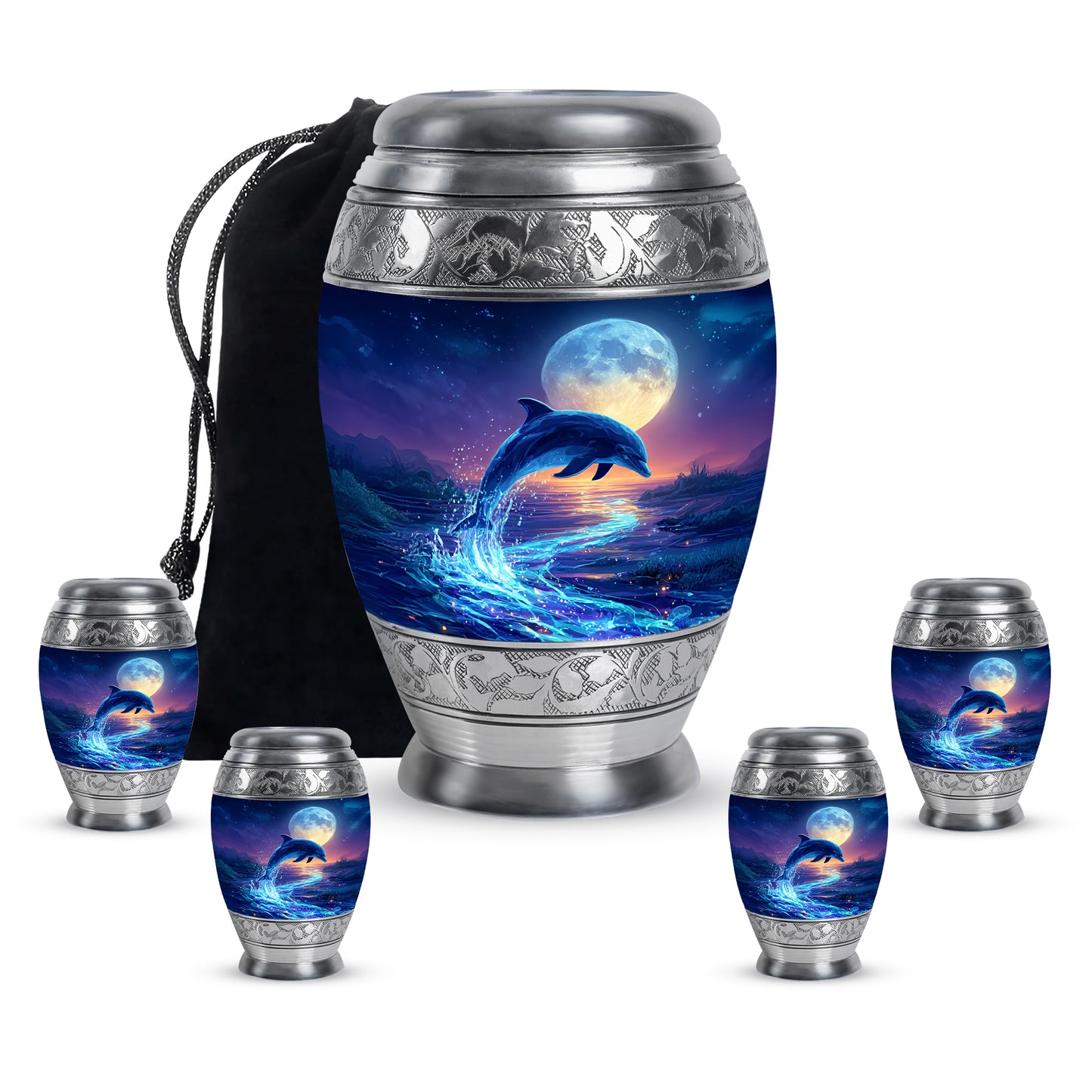 Indigo Dolphin Cremation Urn detail view - ornate monarch-style dolphin relief on brushed aluminum - memorial set with one large and four small urns