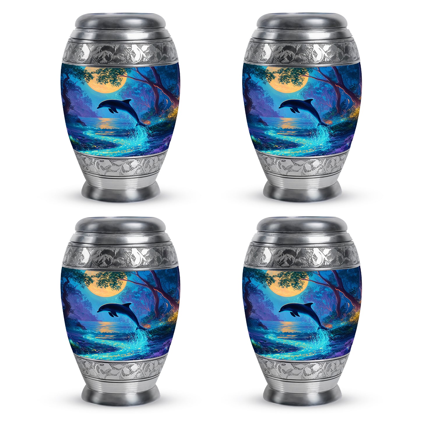 Sea Green Teal Dolphin Cremation Urn urn with complimentary velvet bag - ornate monarch-style dolphin relief on brushed aluminum - 10 inch aluminum urn for cremated remains