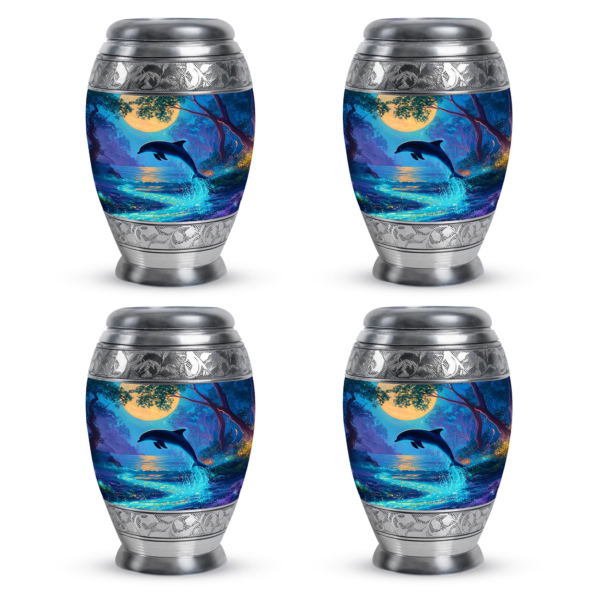 Sea Green Teal Dolphin Cremation Urn urn with complimentary velvet bag - ornate monarch-style dolphin relief on brushed aluminum - 10 inch aluminum urn for cremated remains